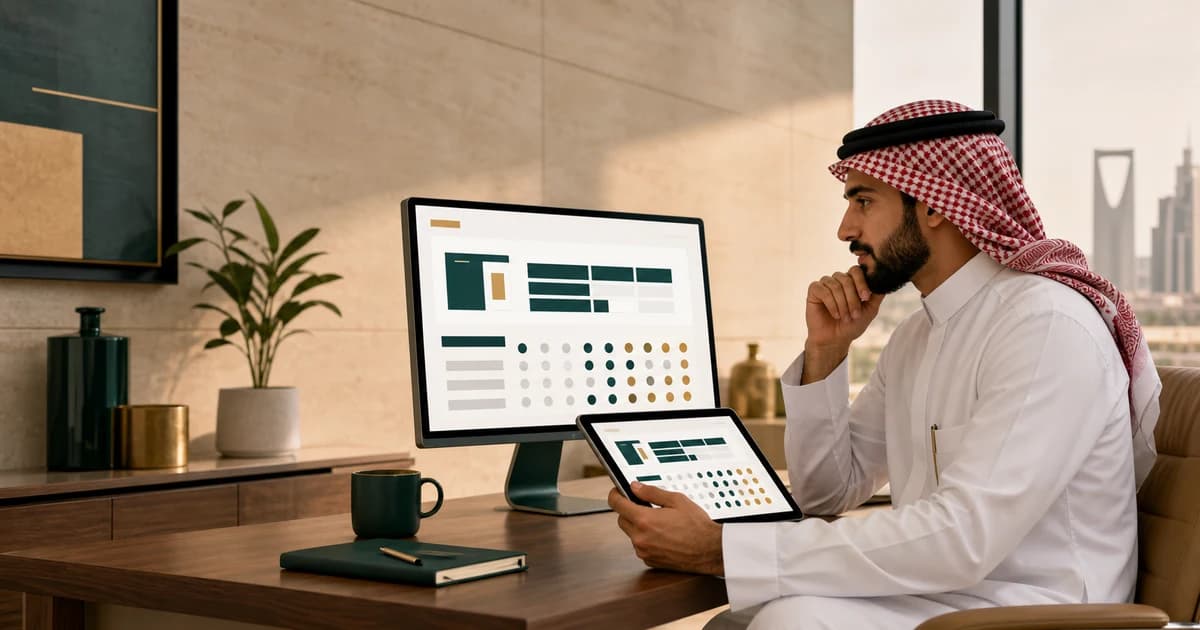 صاحب منشأة يقارن خصائص برامج الفواتير على شاشة واضحة